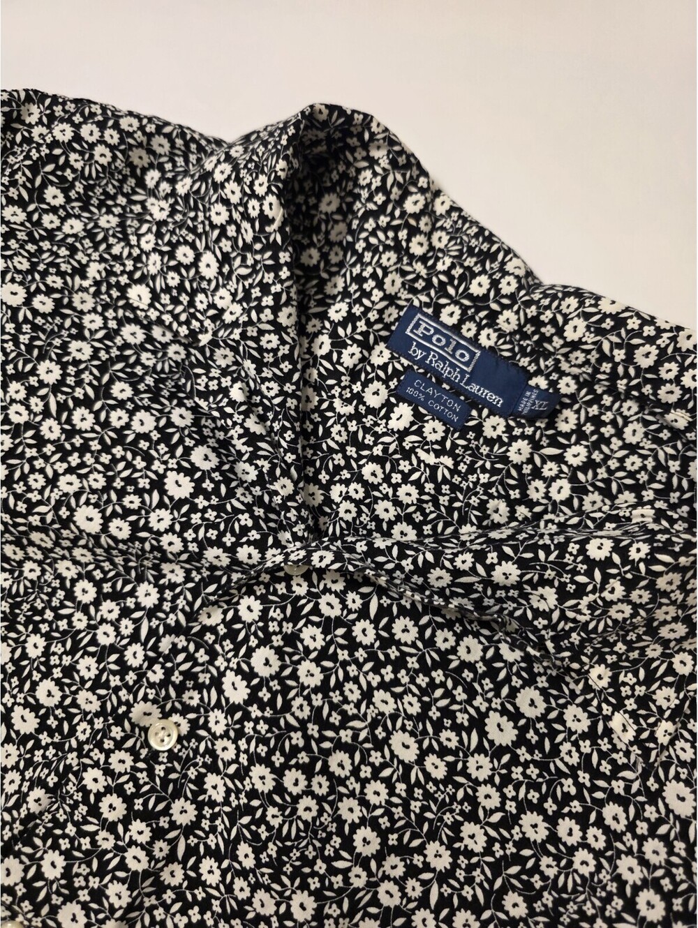 VTG Polo Ralph Lauren Clayton Shirt Mens XL Black White Ditsy Floral Camp Collar